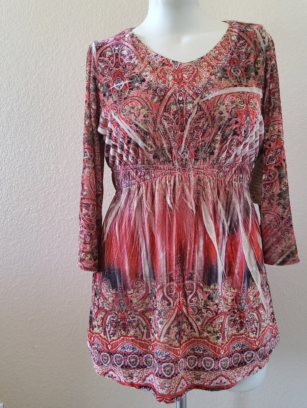 NWT One World Rust Paisley Velvet Smocked Boho Tunic Top​ Size L
